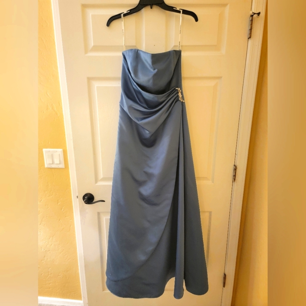David's Bridal Satin Ballgown with Side Broche Serene Blue Size 10
